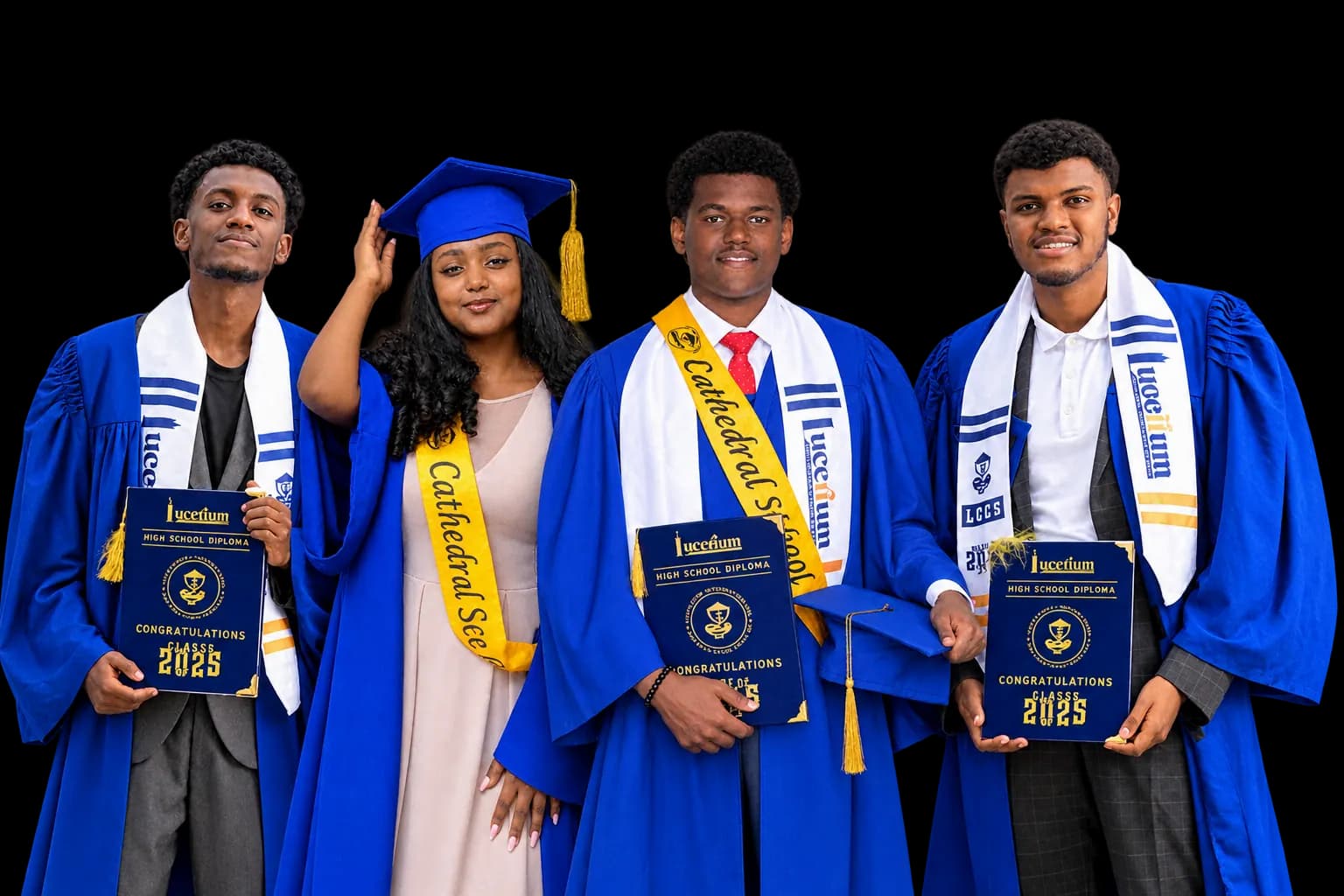 LCCS graduates in the school's blue graduation gowns and gold stoles